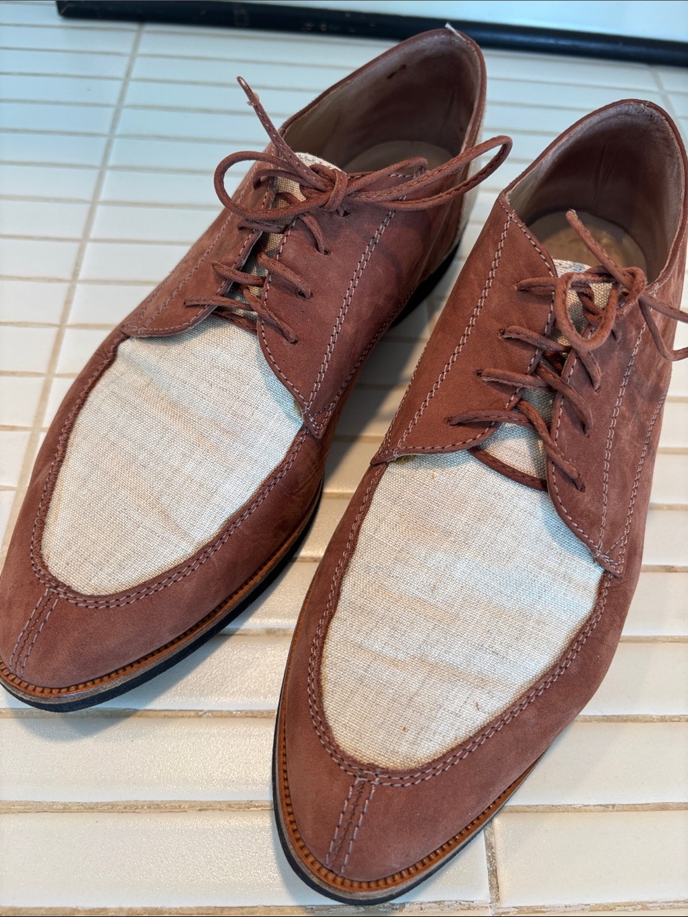 Bruno Magli Two-Tone Suede & Linen Lace-Up Flats - Brown & Cream Size 9